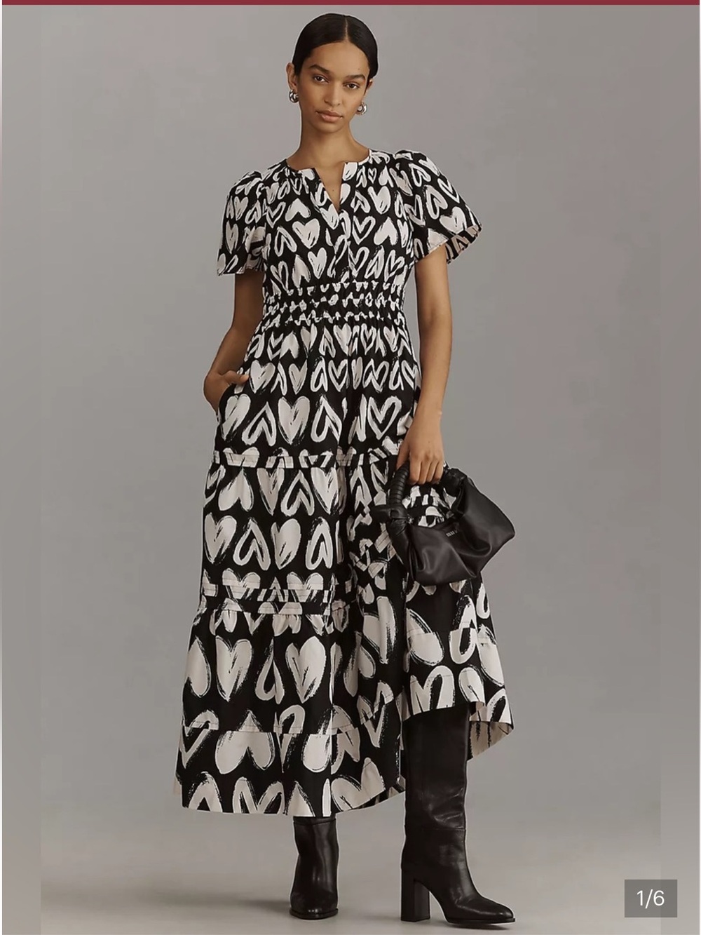 Anthropologie Somerset Black and White Heart-Print Tiered Maxi Dress NEW